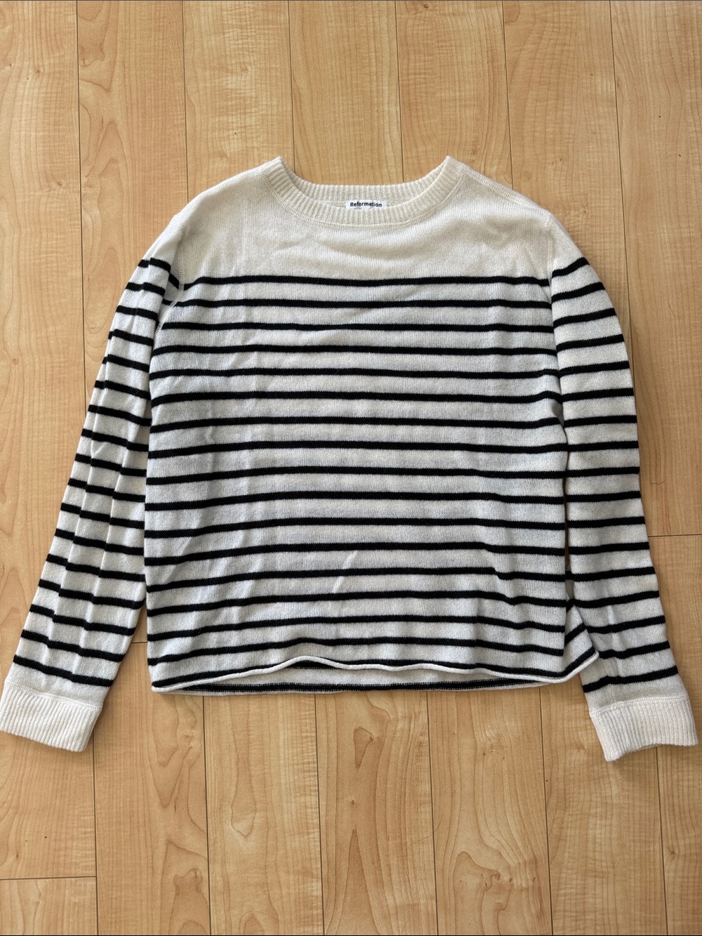 Cashmere Reformation Cream and Black Striped Crewneck Sweater